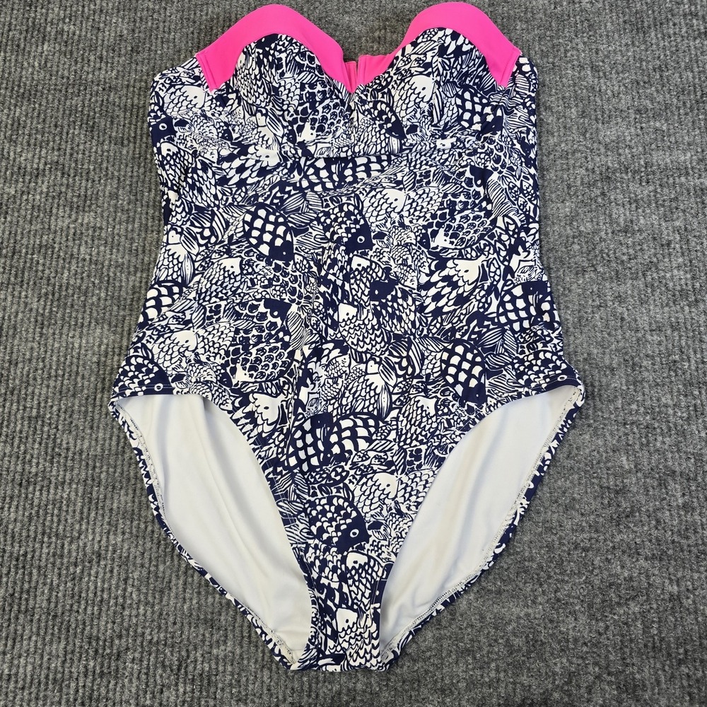Vintage Lilly Pulitzer One Piece Strapless Swimsuit in Blue /Neon Pink / XXL